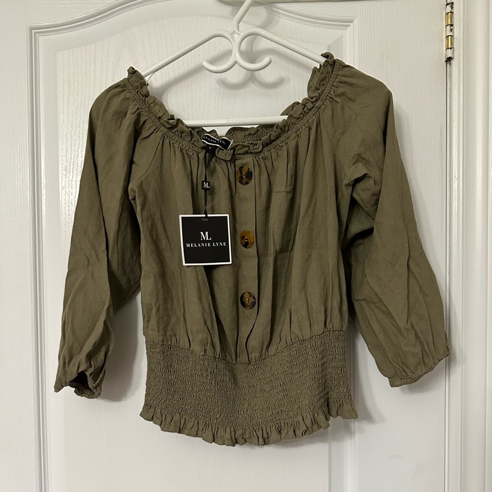 Melanie lyne off the shoulder button shirt